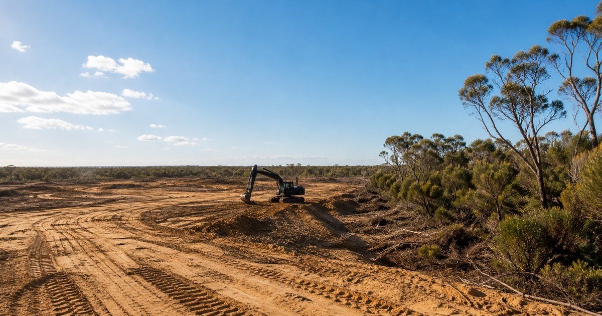 A partly cleared block on the Western Australian coastal plain with pale sandy soil, machine track marks and a black excavator working near retained scrub