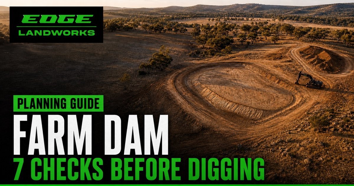 Edge Landworks farm dam planning guide graphic with an excavator beside a rural dam