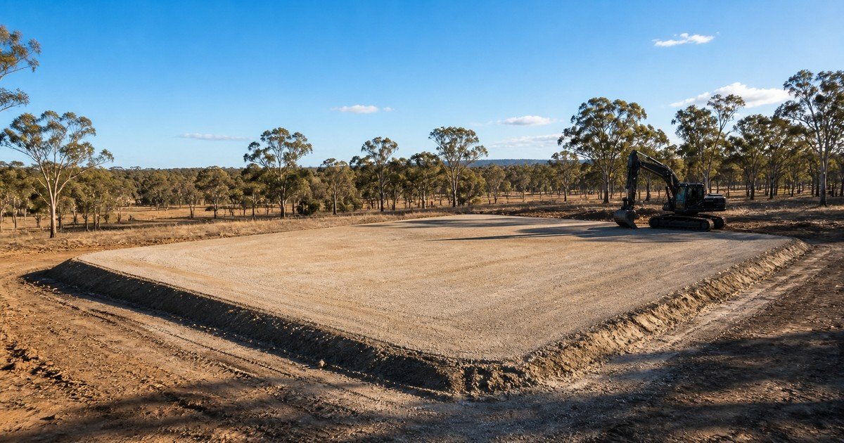 A freshly prepared rural shed pad in Western Australia with clean formed edges and a drainage fall, with a black excavator parked at the far edge