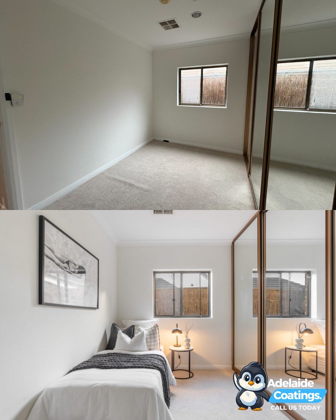 Split image showing a bedroom before and after professional interior painting services.