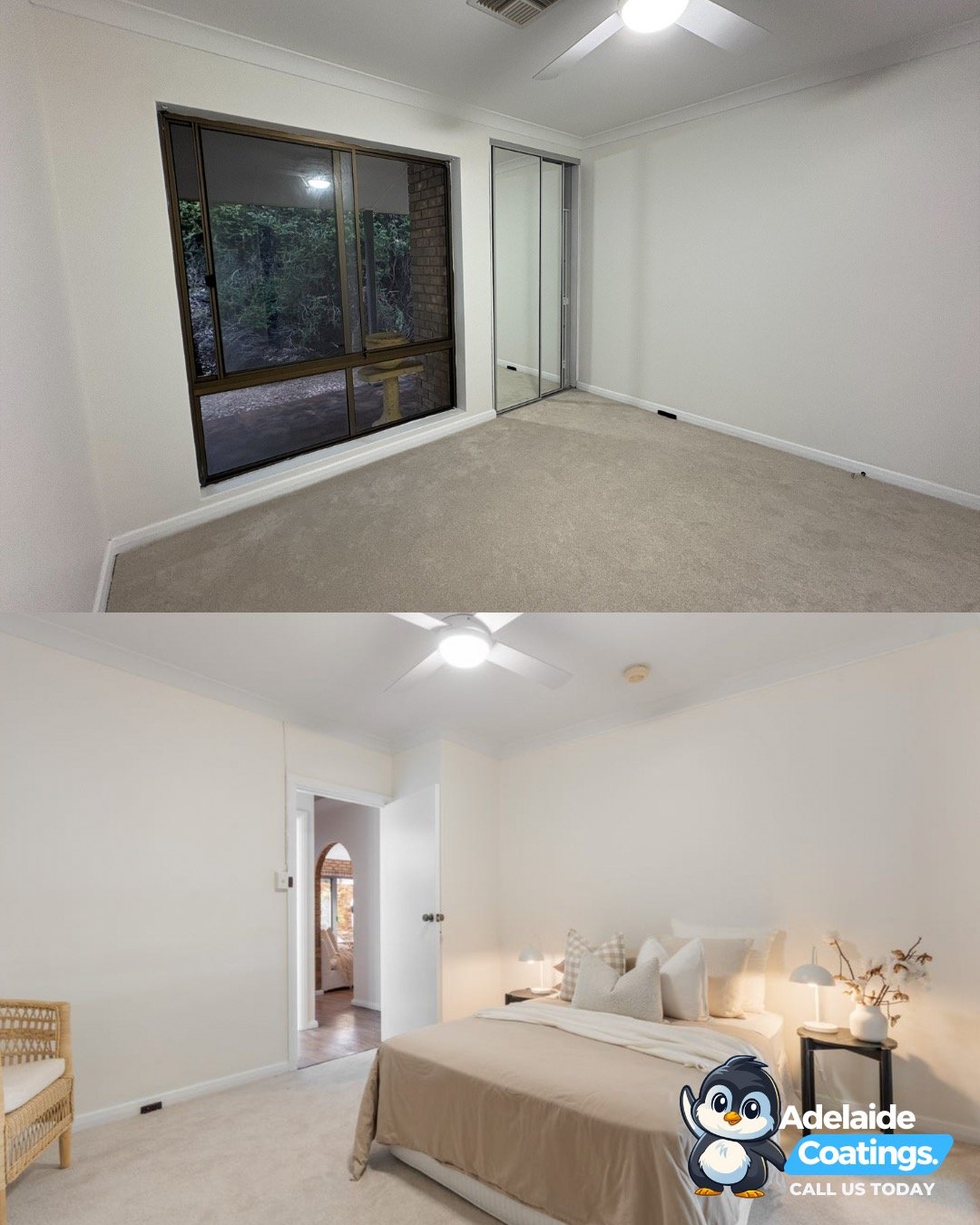 Split image showing a bedroom before and after an interior repaint transformation.