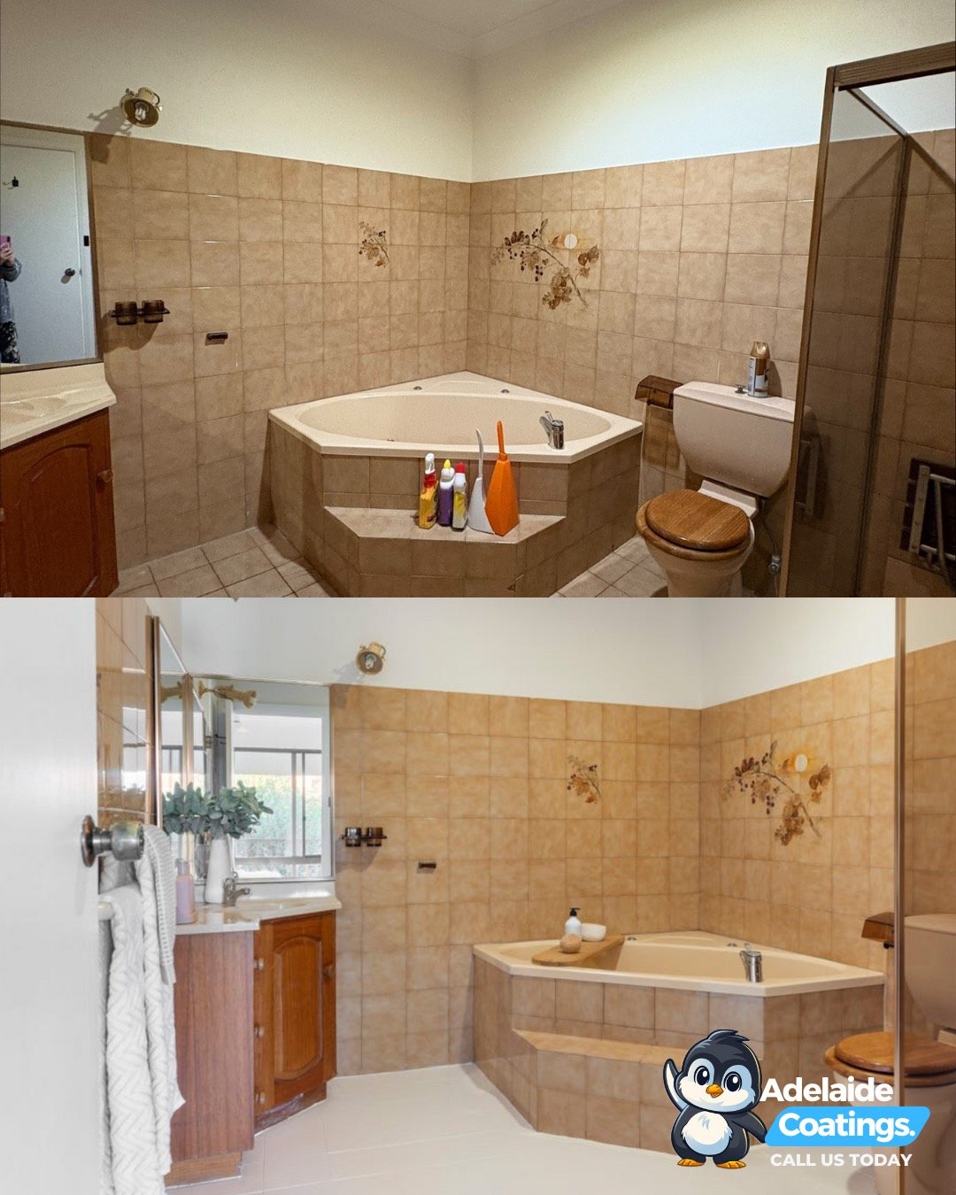 Renovated bathroom ensuite with refreshed tiles compared to a previous state, highlighting a transformation.