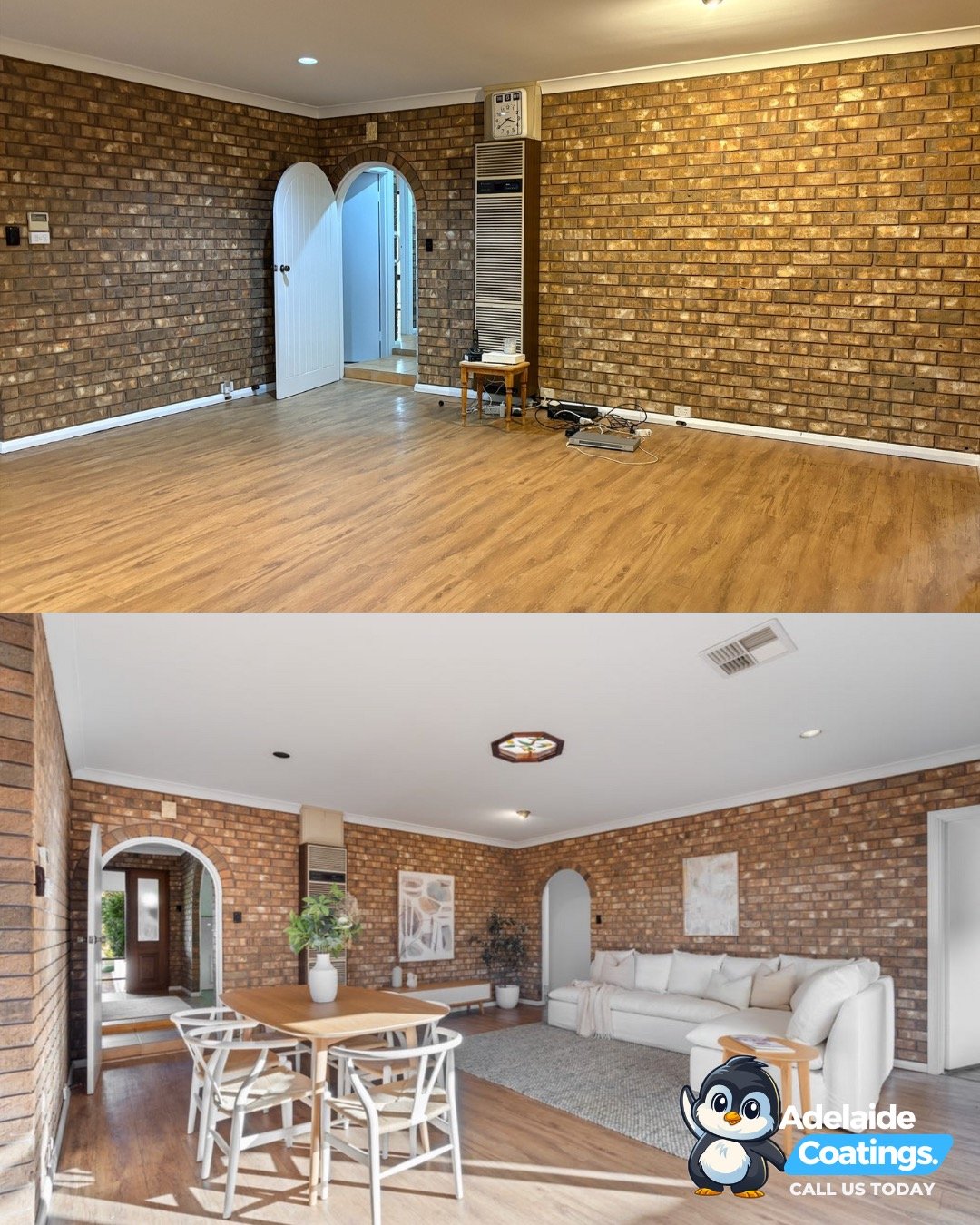 Before and after renovation of a living room with exposed brick walls, furniture, and re-painted ceiling.