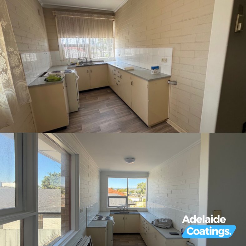 Split image showing a dated kitchen with beige cabinets and a bright, freshly painted white kitchen.