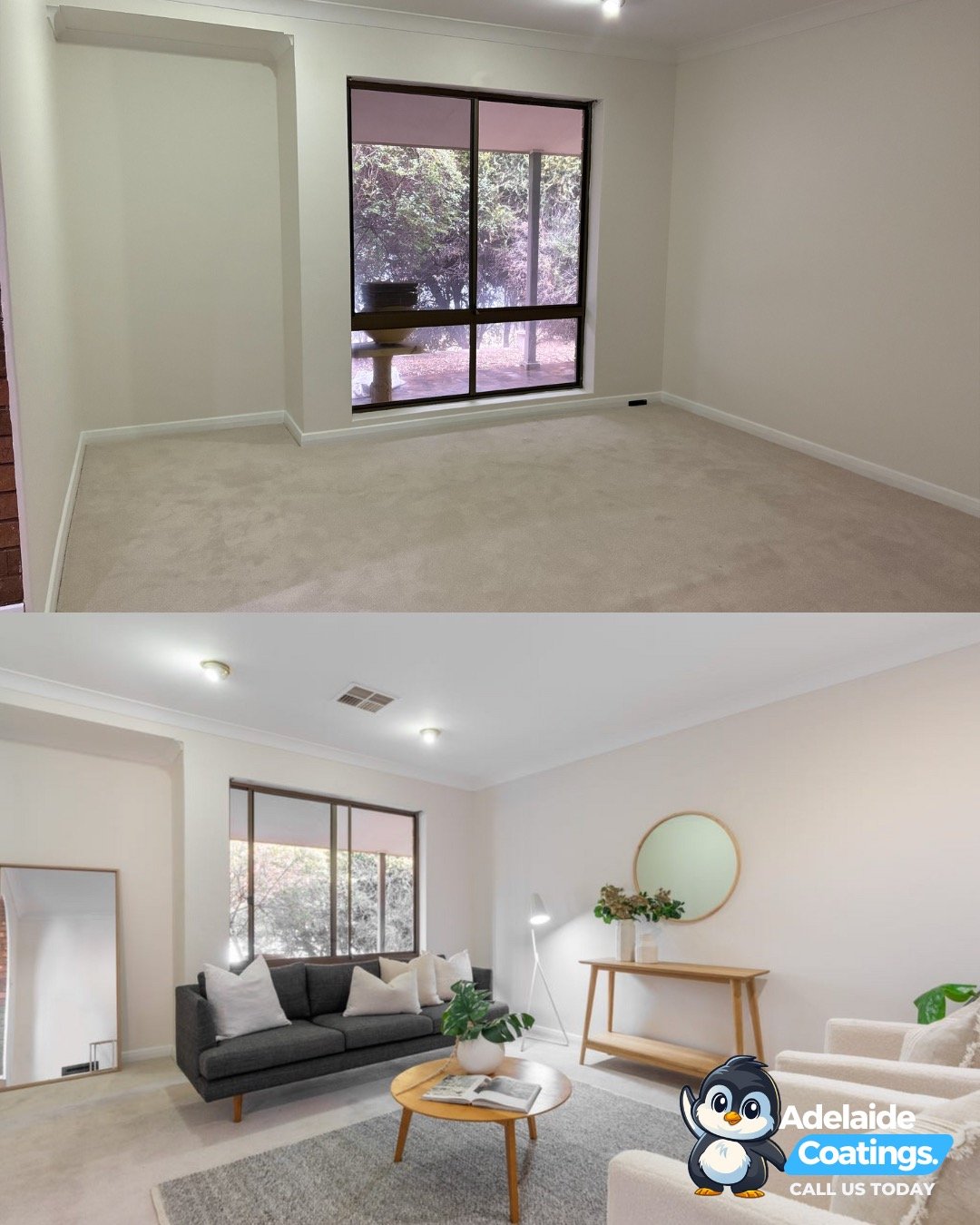 Split image shows a bare living room before and a styled living room after an interior repaint with furniture and decor.