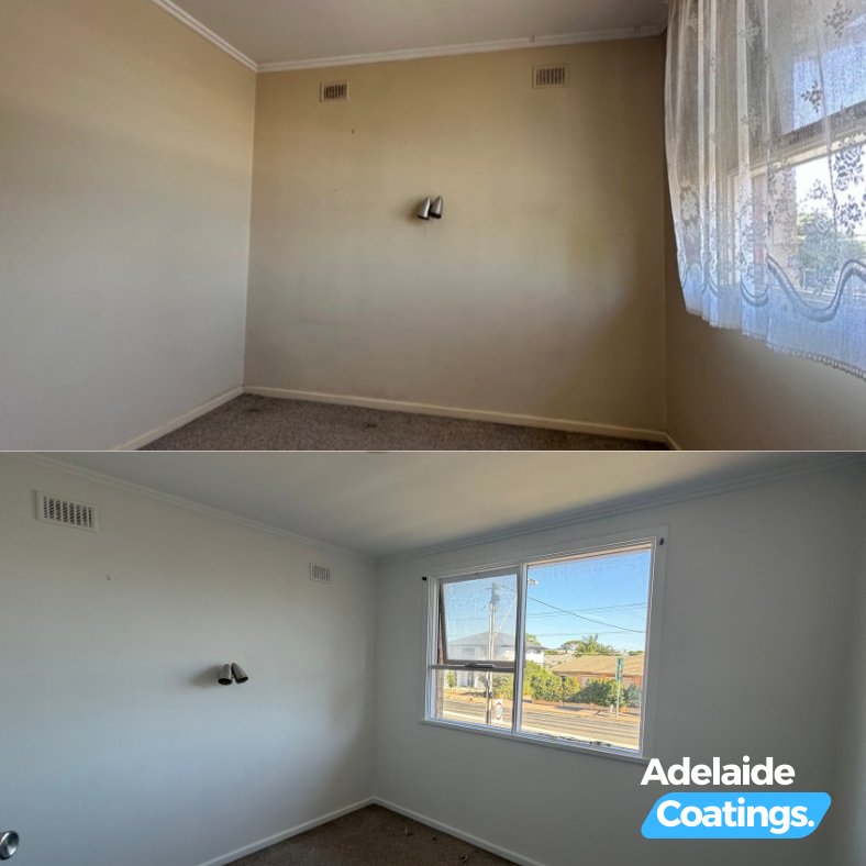 Before and after interior painting of a rental home in Adelaide, showing a transformation from beige to white walls.