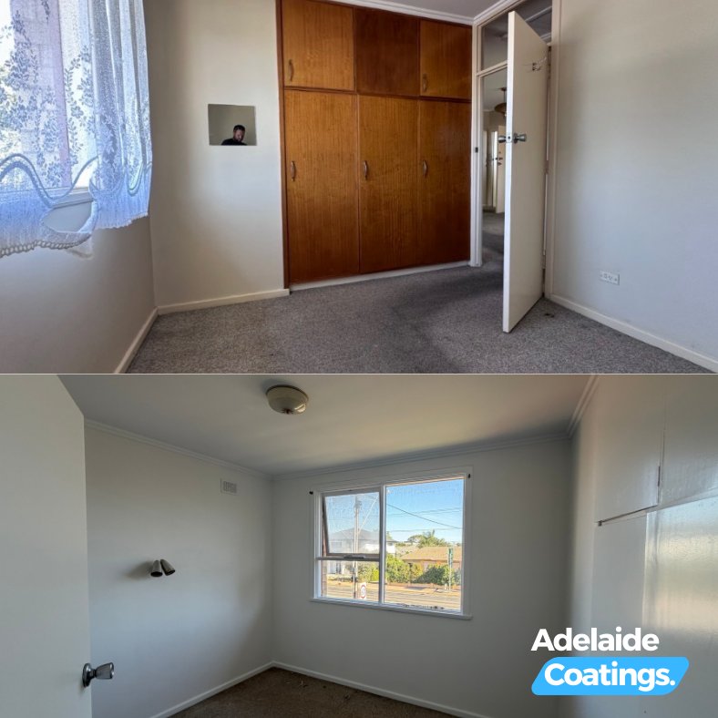 Split image showing a dated bedroom before and a freshly painted bright bedroom after a rental repaint.
