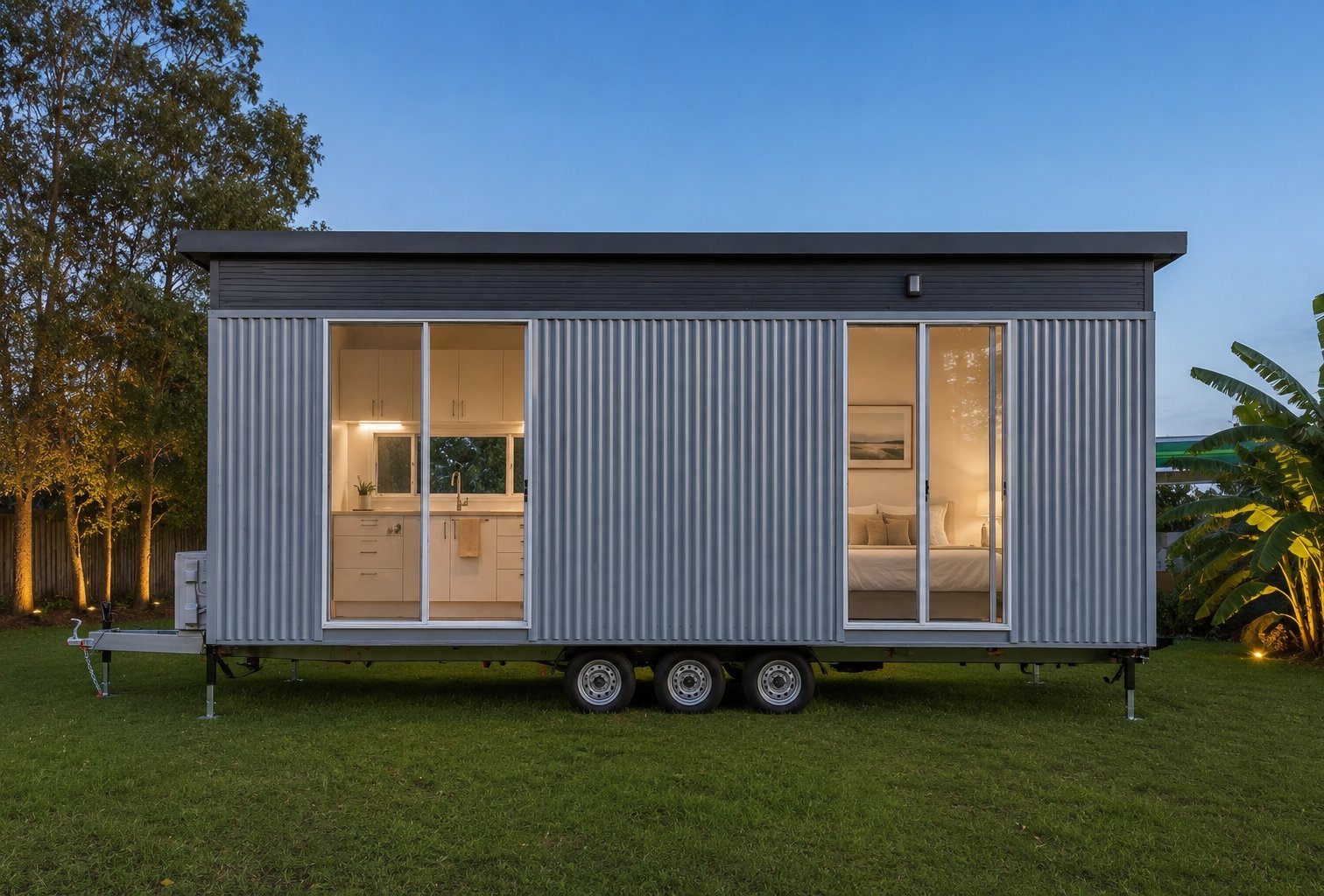 A tiny home lit up at dusk, ready to welcome short-stay guests