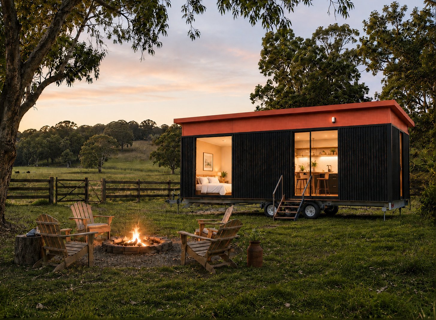 A tiny home on a rural paddock at sunset — well suited to off-grid, eco-friendly living
