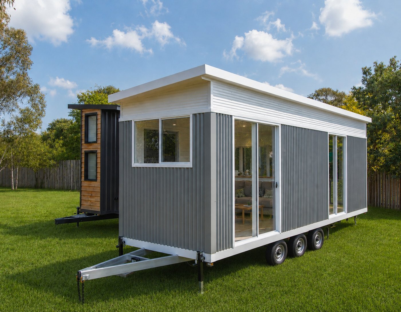 A modern tiny home set up on a green block as a secondary dwelling or granny flat alternative