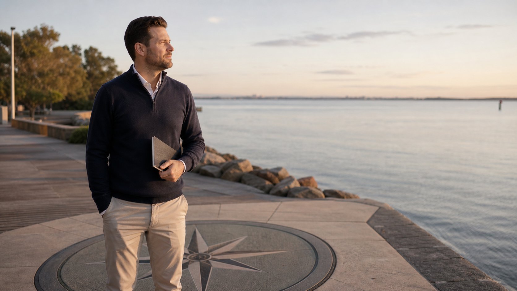 Younger Australian professional looking out over the water while considering long-term SMSF planning