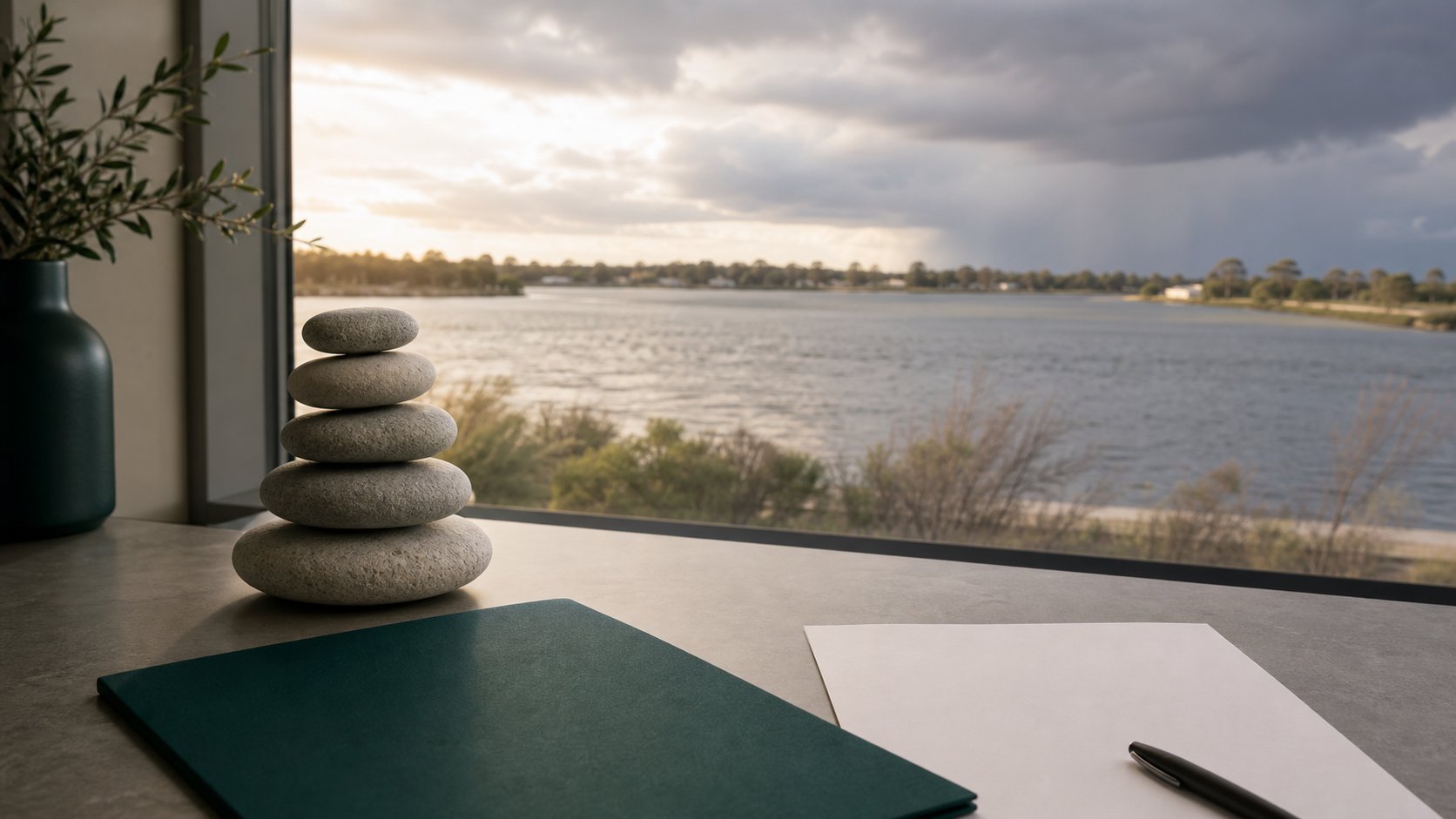 Balanced stones and green folder beside Mandurah water under changing weather