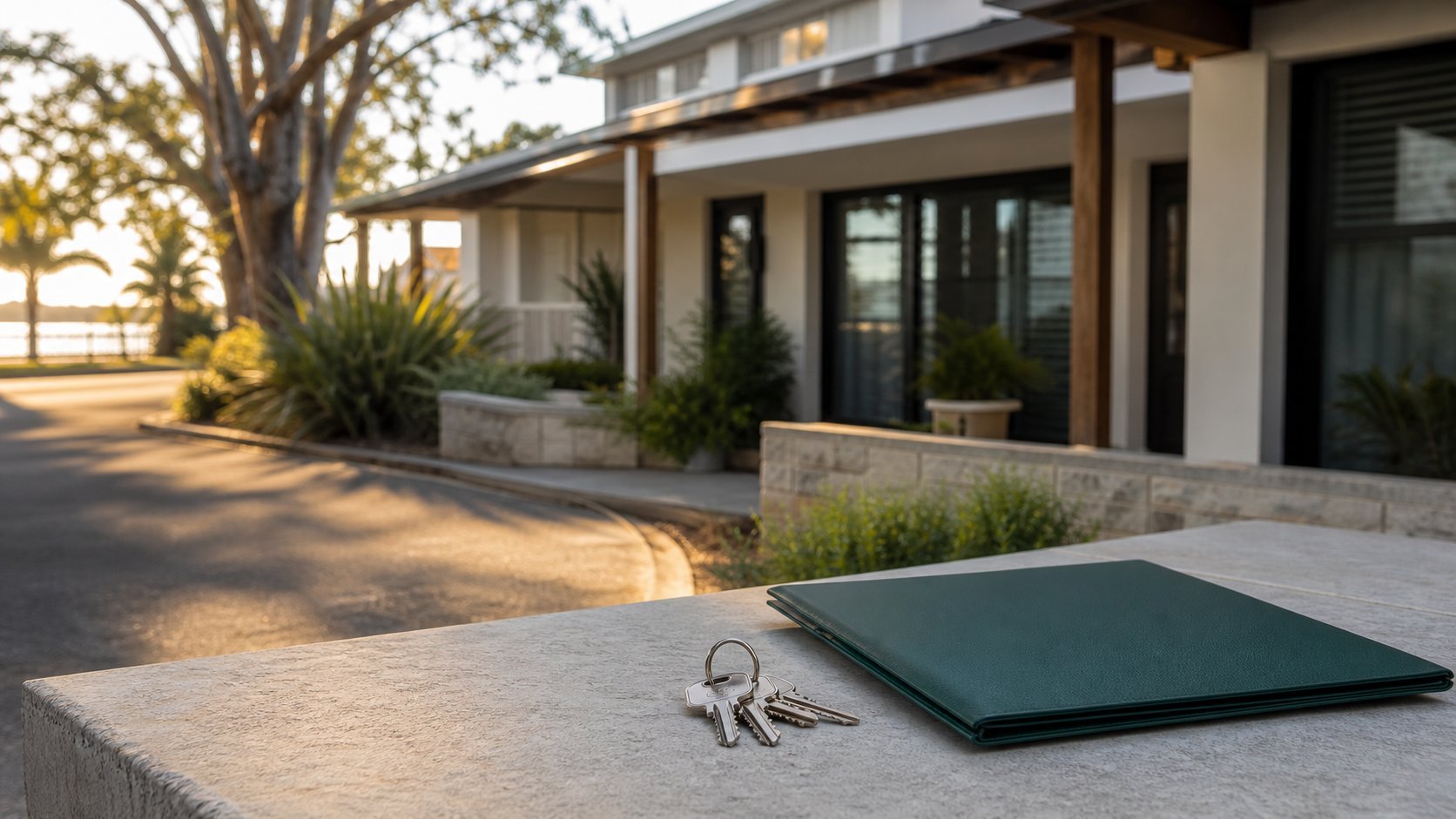 Modest Mandurah property frontage with keys and green folder
