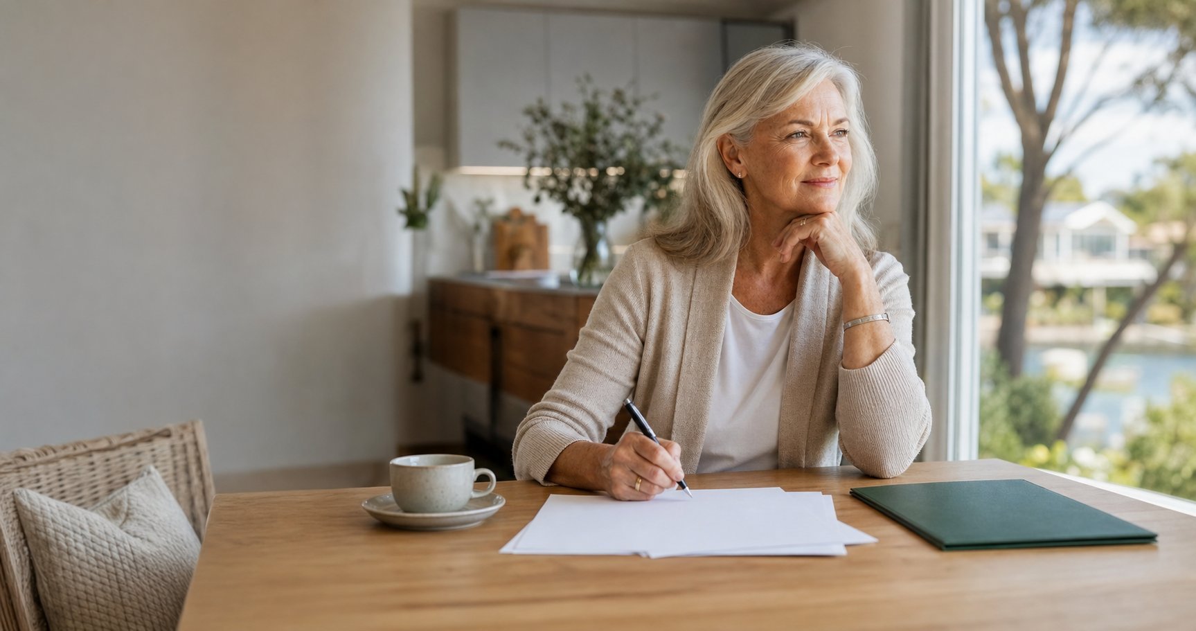 Mature woman reviewing blank SMSF liquidity planning papers at home