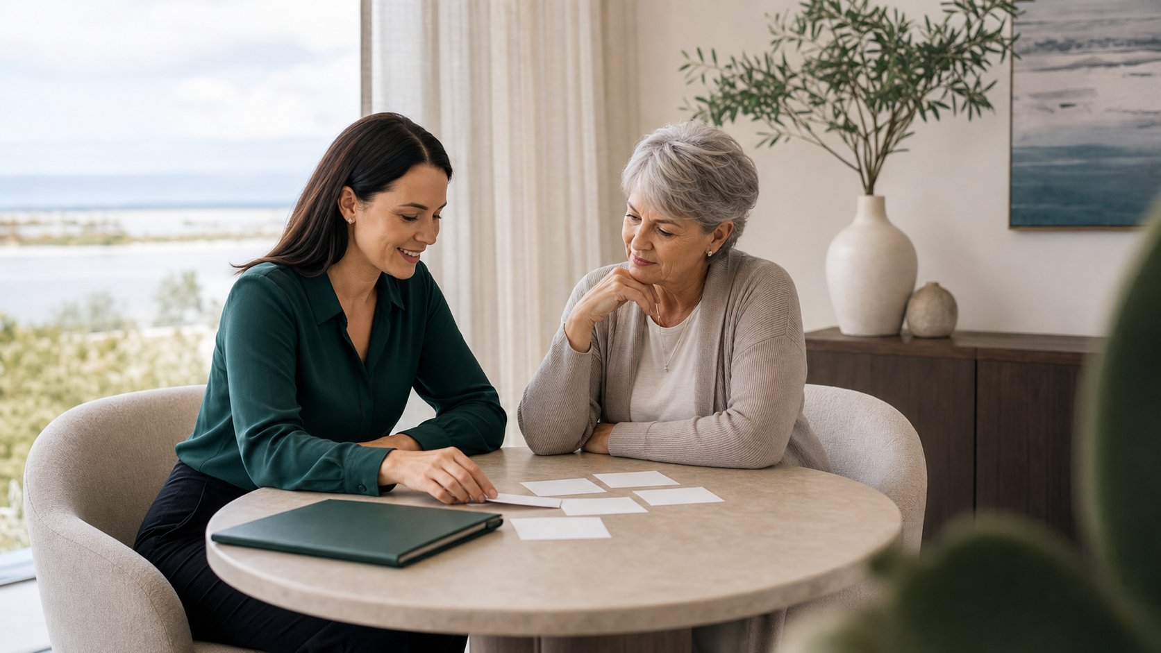 Female SMSF adviser helping a trustee understand SMSF decisions in a calm Mandurah office