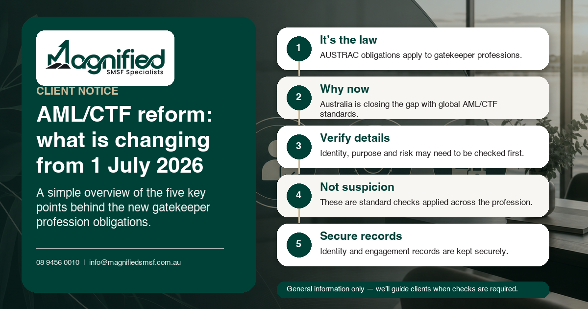 Magnified SMSF Specialists AML/CTF reform client notice showing five key points from 1 July 2026