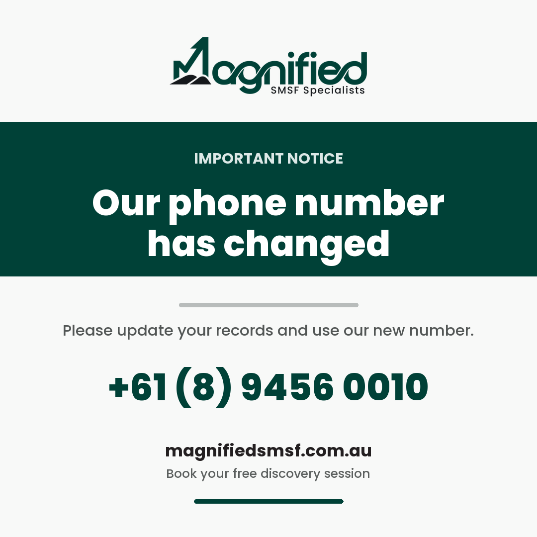 Magnified SMSF Specialists phone number update notice showing the new phone number +61 (8) 9456 0010