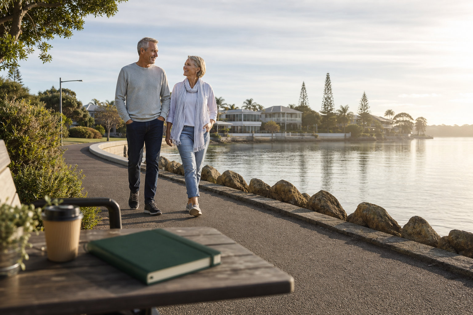 Retired couple walking by the Mandurah waterfront representing SMSF cash flow freedom and confidence