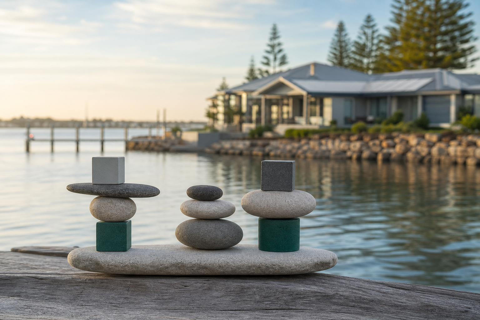 Balanced stones and portfolio blocks near a Mandurah waterfront property representing SMSF property concentration risk