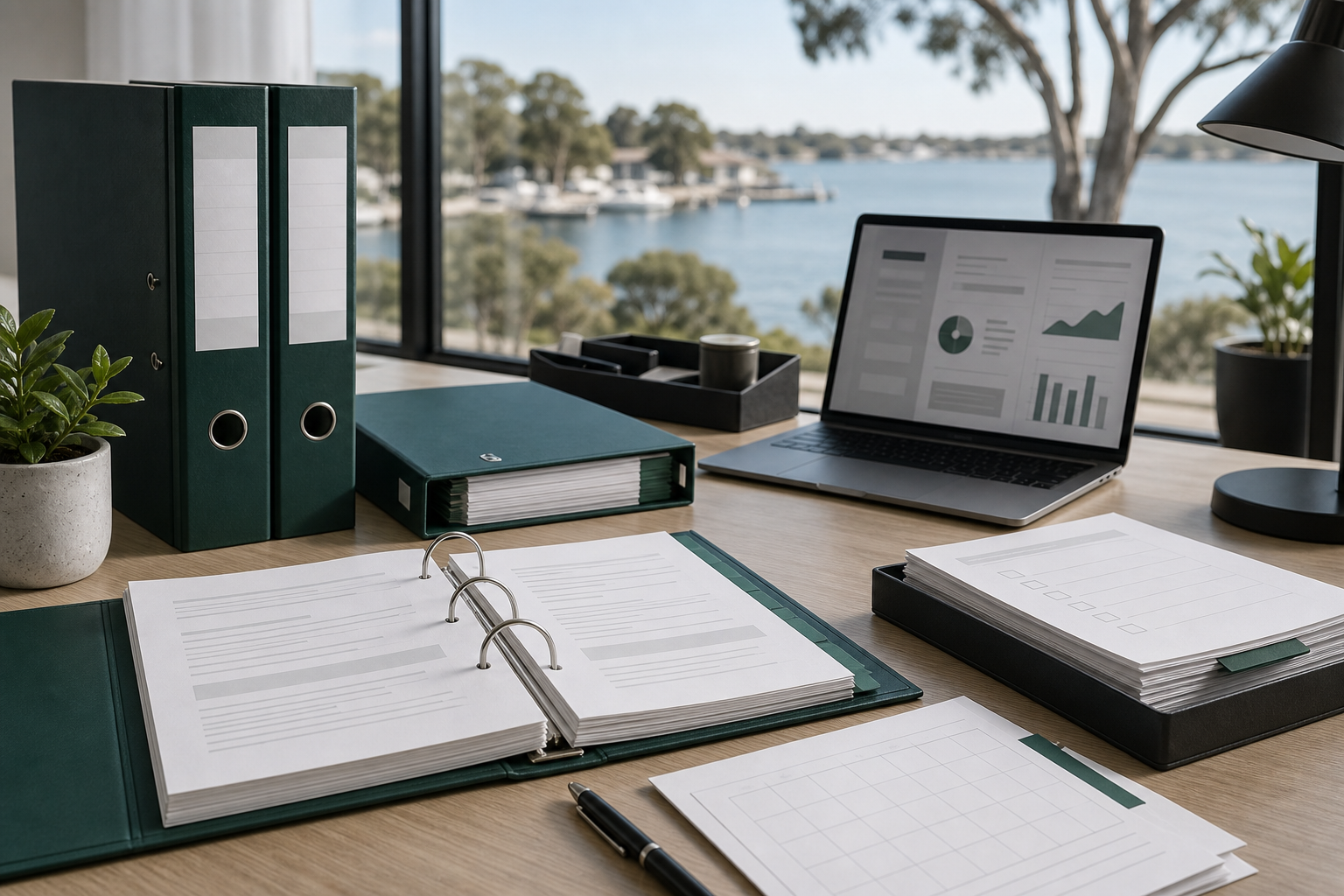 Organised SMSF record keeping documents and green compliance folders in a Mandurah office setting