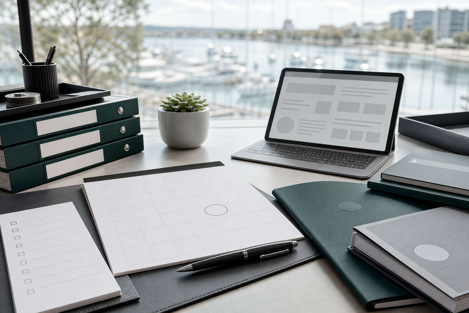 Organised SMSF annual return deadline calendar with compliance folders in a Mandurah office setting